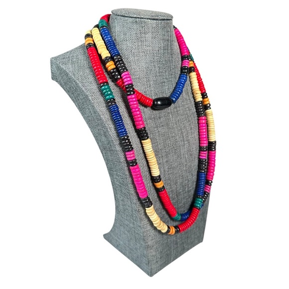 VINTAGE Long African Hand-Made Wood Beaded Necklace - Picture 5 of 7